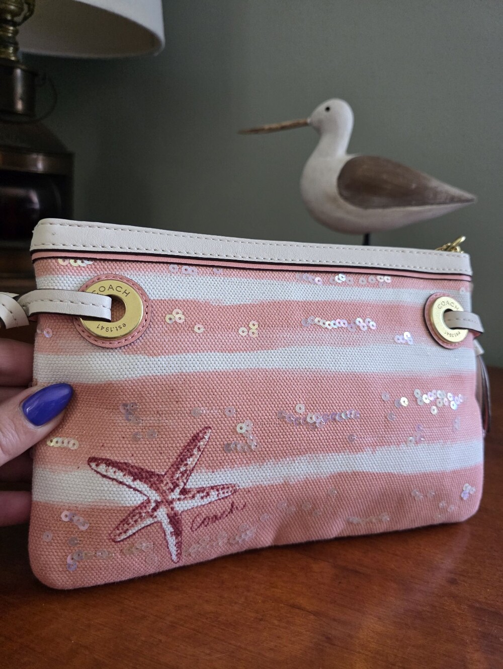 Coach Audrey Pink Sequin Shell Canvas Studded Wristlet Bag - Picture 16 of 16